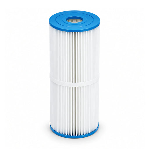 Hot Springs C50/HS50 spa filter cartridge standing upright, with blue open end caps, white pleats and one centre support band.