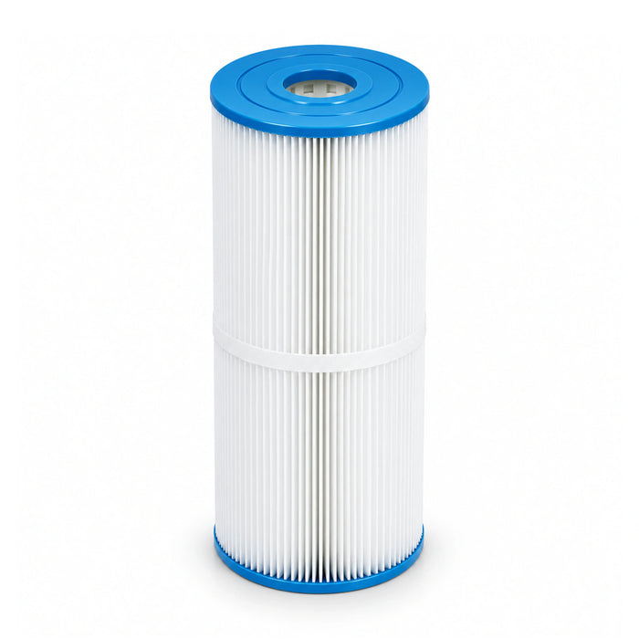 Hot Springs C50/HS50 spa filter cartridge standing upright, with blue open end caps, white pleats and one centre support band.