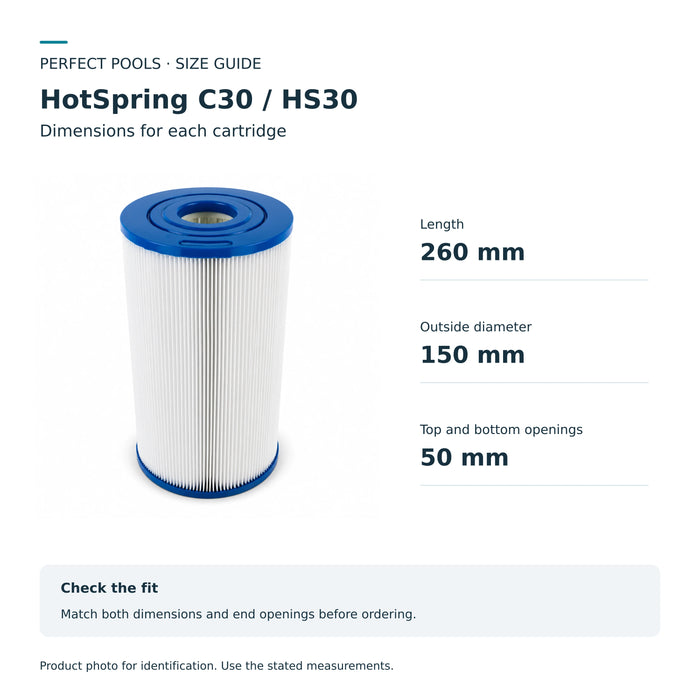 HotSpring C30 / HS30 size guide: length 260 mm, outside diameter 150 mm, top and bottom openings 50 mm.