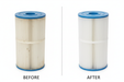Illustration comparing a dirty HotSpring C50 / HS50 spa filter with a clean filter