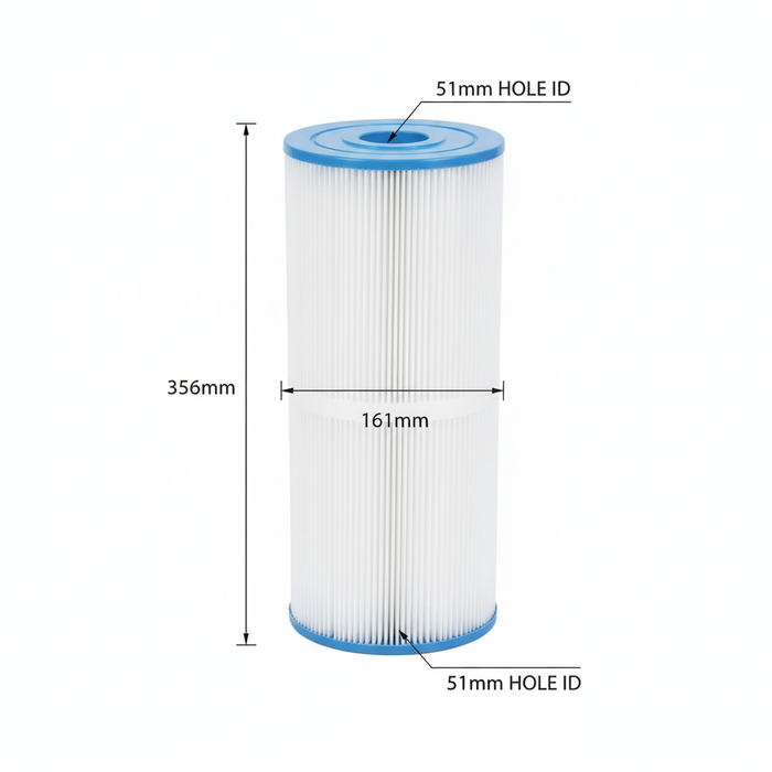 HotSpring C50 / HS50 filter diagram showing 356 mm height, 161 mm diameter and 51 mm openings