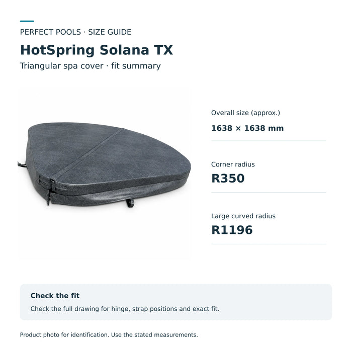 HotSpring Solana TX size guide: overall size (approx.) 1638 × 1638 mm, corner radius R350, large curved radius R1196.