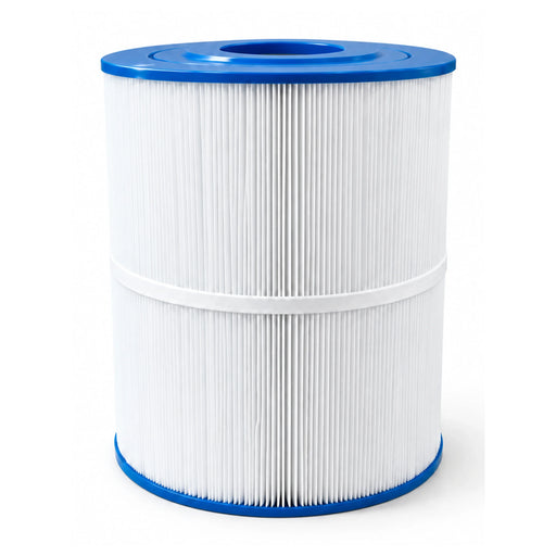 HS65 C65 replacement spa filter with blue open end caps, white pleats and a central support band