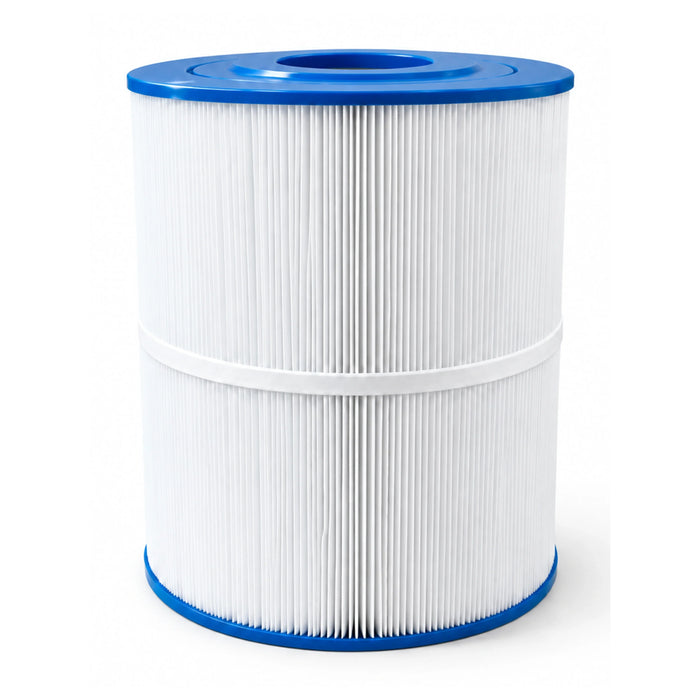 HS65 C65 replacement spa filter with blue open end caps, white pleats and a central support band