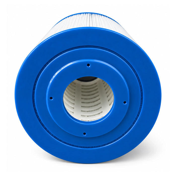 End view of the HS65 C65 spa filter showing the blue end cap, 76 mm centre opening and internal core