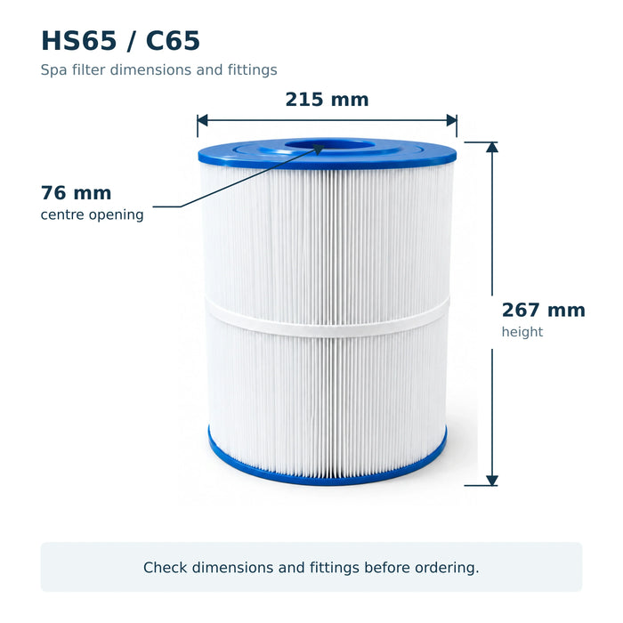 HS65 C65 spa filter dimensions showing 267 mm height, 215 mm diameter and 76 mm centre opening