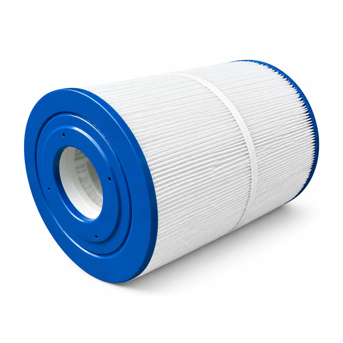 HS65 C65 spa filter on its side showing the blue end cap, centre opening, white pleats and support band