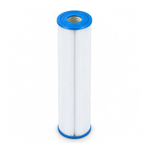 Leisurite LR50/C50 spa filter cartridge standing upright, with a long white pleated body and blue open end caps.