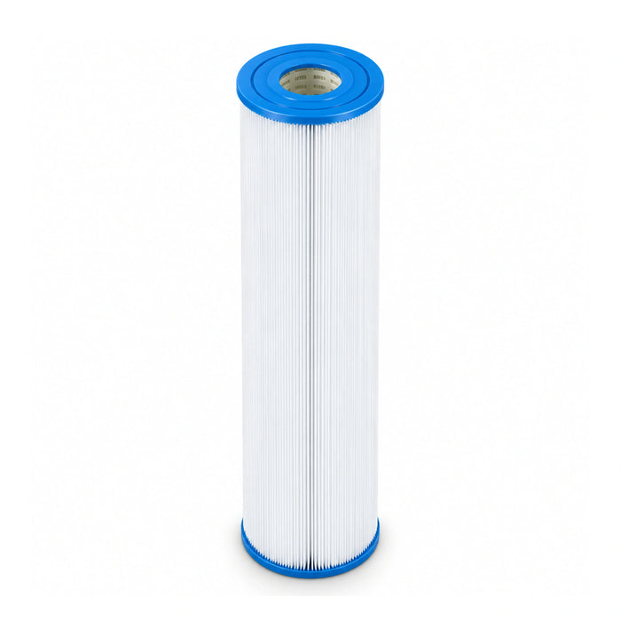 Leisurite LR50/C50 spa filter cartridge standing upright, with a long white pleated body and blue open end caps.