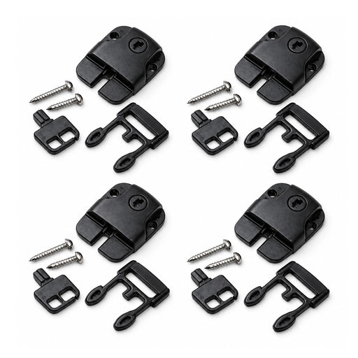 Four black lockable spa cover clip sets with matching keys and mounting screws, arranged on white.
