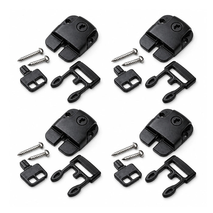 Four black lockable spa cover clip sets with matching keys and mounting screws, arranged on white.