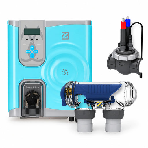 Zodiac MagnaPool Hydroxinator iQ PRO Large system with turquoise control unit, transparent cell and probe housing.