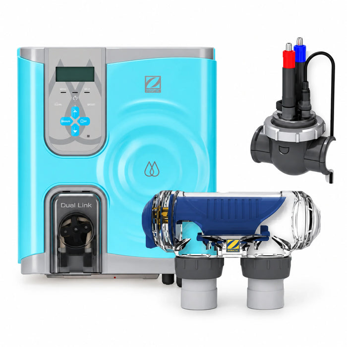 Zodiac MagnaPool Hydroxinator iQ PRO Large system with turquoise control unit, transparent cell and probe housing.