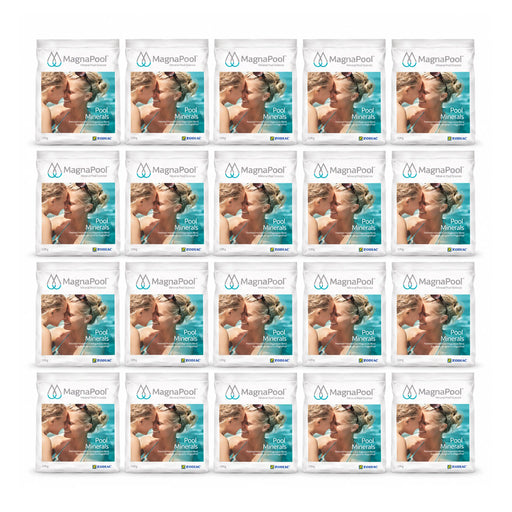 Twenty MagnaPool Pool Minerals 10kg bags arranged in four rows of five, a 200kg bulk supply.