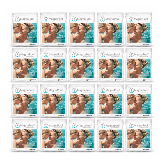 Twenty MagnaPool Pool Minerals 10kg bags arranged in four rows of five, a 200kg bulk supply.