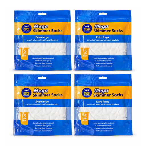 Four sealed Aussie Gold Mega Skimmer Socks five-packs, containing 20 socks in total, arranged on white.