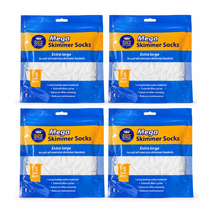 Four sealed Aussie Gold Mega Skimmer Socks five-packs, containing 20 socks in total, arranged on white.