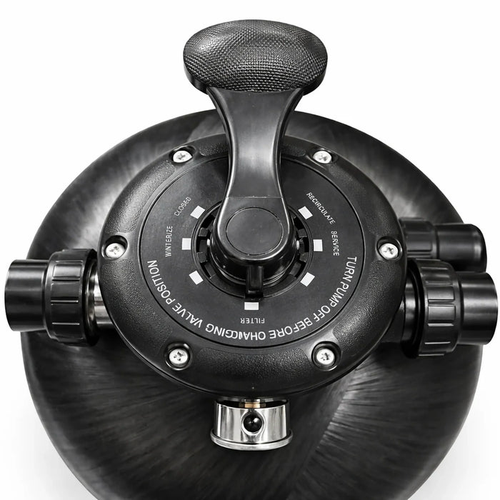 Top view of P Series pool filter multiport valve with selector handle and valve positions