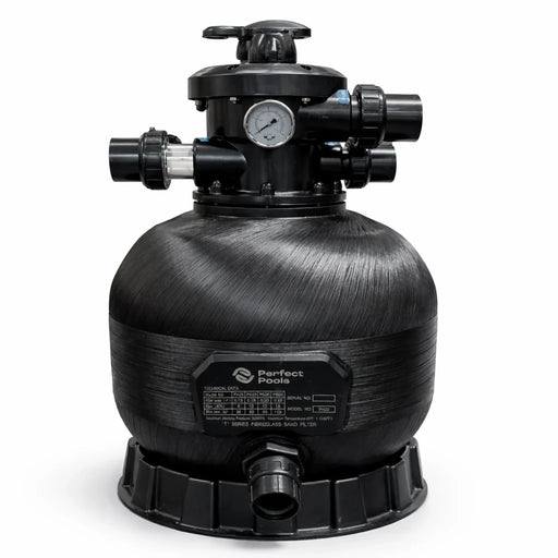 Perfect Pools black fibreglass pool filter with top-mounted multiport valve and pressure gauge