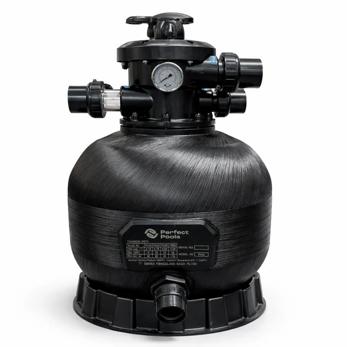 Perfect Pools black fibreglass pool filter with top-mounted multiport valve and pressure gauge