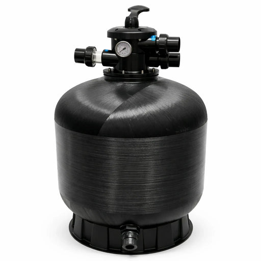 Black P Series fibreglass pool filter with multiport valve on a white background