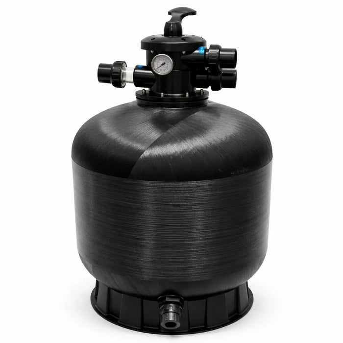 Black P Series fibreglass pool filter with multiport valve on a white background