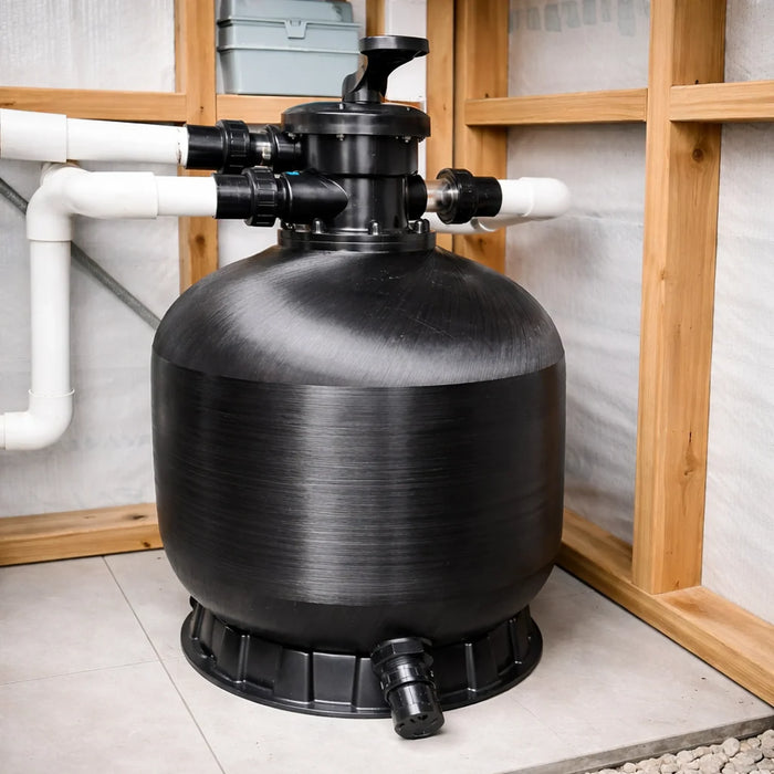 Black P Series fibreglass pool filter installed in a residential pool equipment area