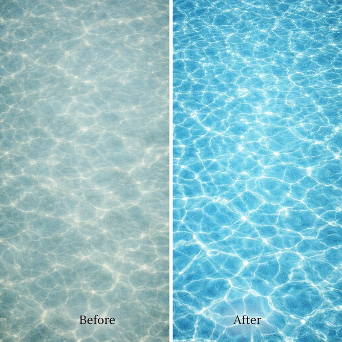 Illustration comparing cloudy pool water with clear blue pool water