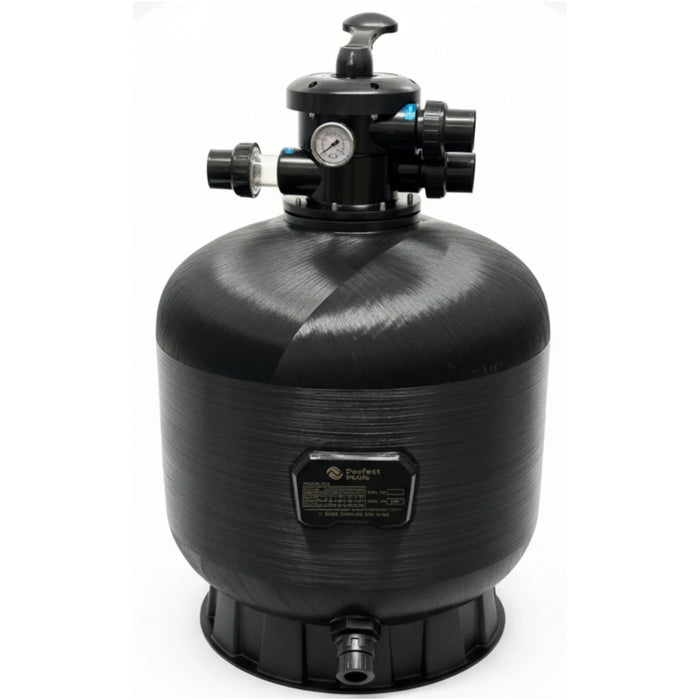 Black P Series fibreglass pool filter with multiport valve and pressure gauge on white background