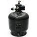 Black P Series fibreglass pool filter with multiport valve and pressure gauge on white background