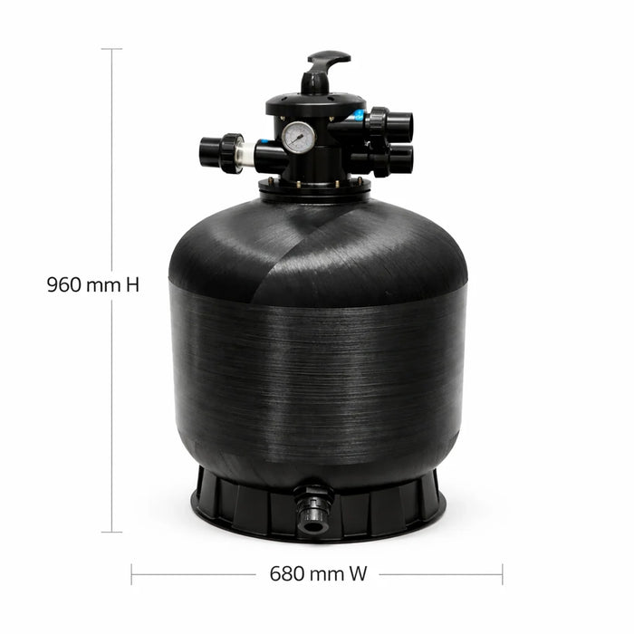 Black P Series pool filter dimensions image showing 960 mm height and 680 mm width