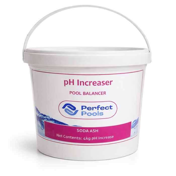 Bucket of Perfect Pools pH Increaser on a white background for swimming pools or spa pools. In stock New Zealand