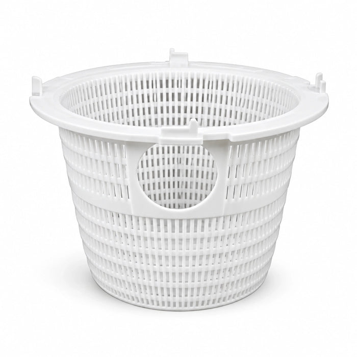 White Paramount SP5000 skimmer basket showing the wide rim, mounting tabs and circular side opening.