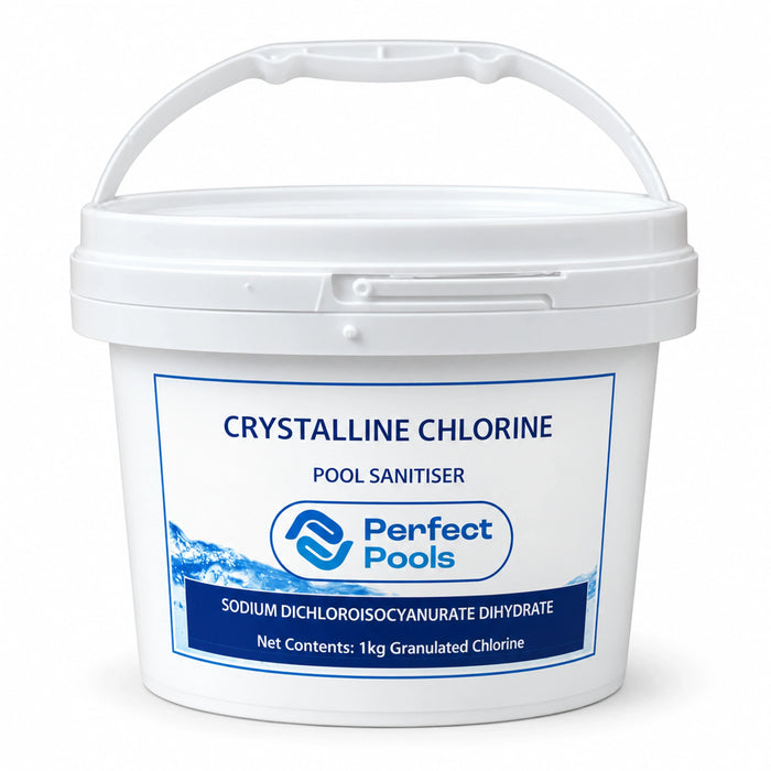 Perfect Pools Crystalline Chlorine 1kg pail with a blue label, white lid and raised handle.