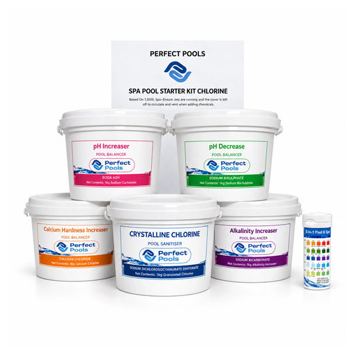 Perfect Pools seven-piece spa starter kit with five 1kg chemical pails, 5-in-1 test strips and printed guide.