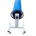 End view of a solar pool cover roller showing its hand wheel and support stand