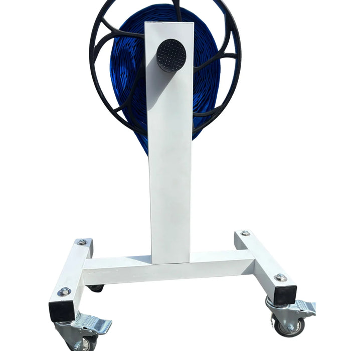 Close-up of the pool cover roller support stand and castor wheels