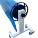 Pool cover roller hand wheel and wheeled stand with blue solar cover
