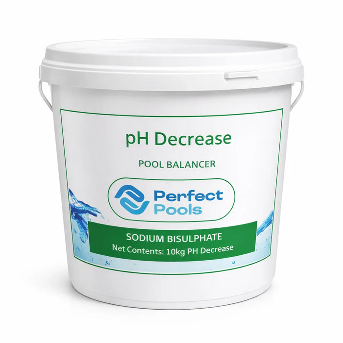 Perfect Pools pH decrease 10kg bucket with sodium bisulphate pool balancer label on a white bucket against a light background