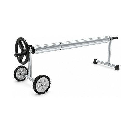 Aluminium pool cover roller with black handwheel, two wheels and a stationary support at the opposite end.