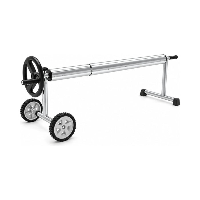 Aluminium pool cover roller with black handwheel, two wheels and a stationary support at the opposite end.