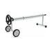 Aluminium pool cover roller with black handwheel, two wheels and a stationary support at the opposite end.