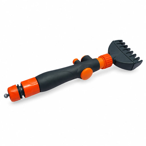 Black and orange pool and spa cartridge filter cleaning wand with a toothed spray head and hose connector.