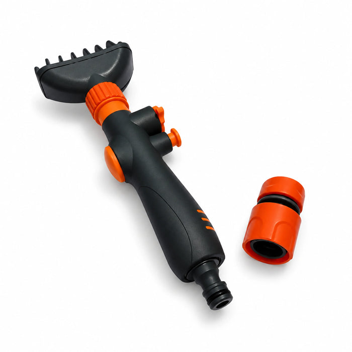 Black and orange filter cleaning wand beside its separate orange hose connector, showing the spray head and handle controls.