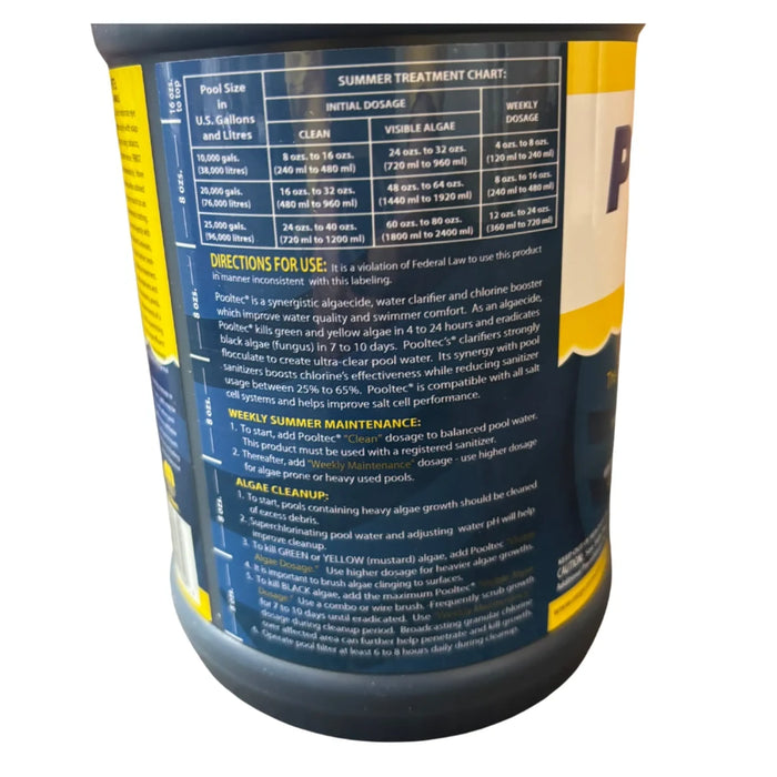 Rear label of Pooltec 3-in-1 pool treatment, showing dosing and usage instructions