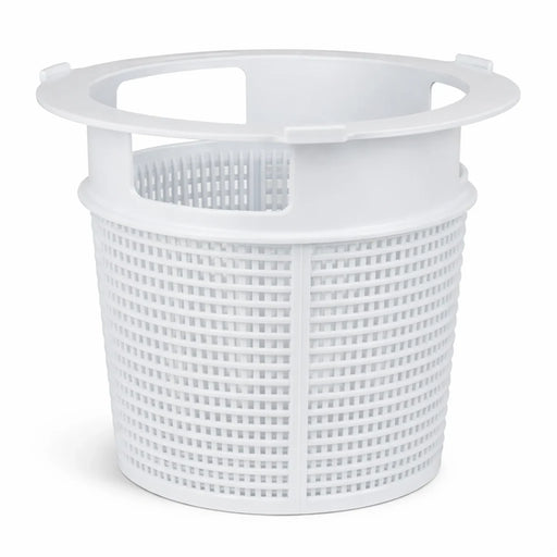 Poolrite pool skimmer basket with open top rim and mesh sides on a white background
