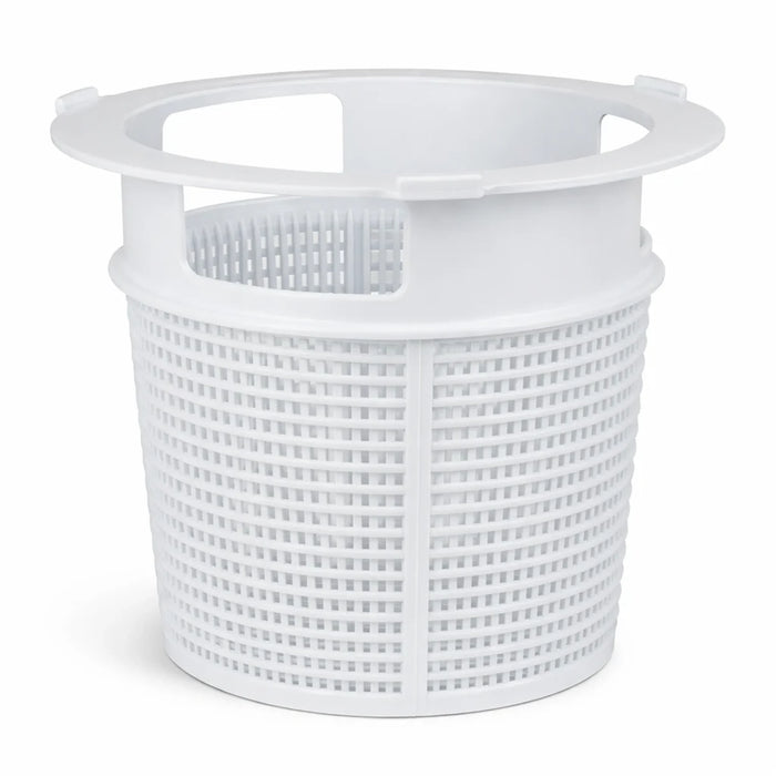 Poolrite pool skimmer basket with open top rim and mesh sides on a white background