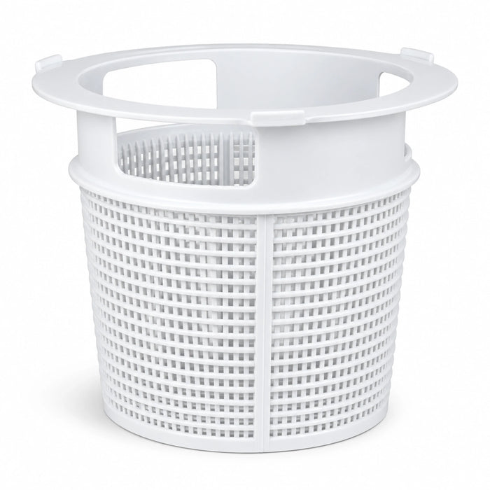 White Poolrite S2500 replacement skimmer basket with raised collar and perforated lower section.