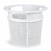 White Poolrite S2500 replacement skimmer basket with raised collar and perforated lower section.
