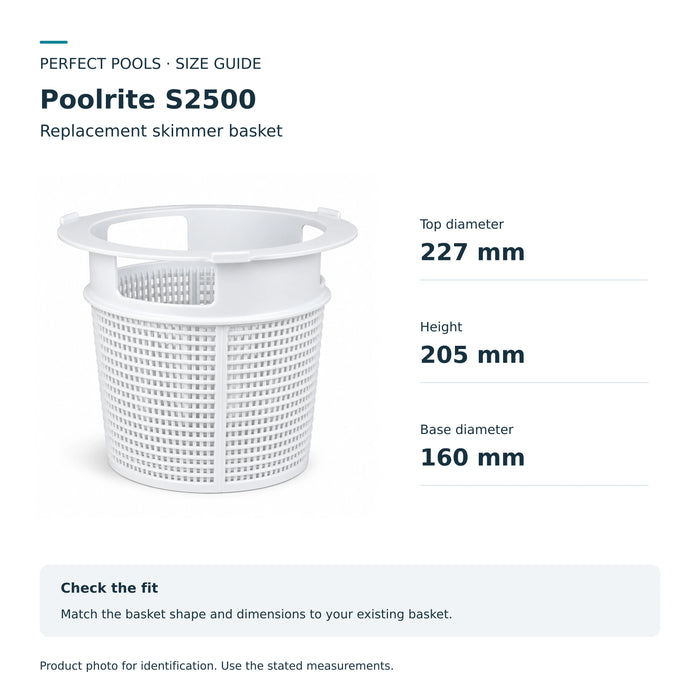 Poolrite S2500 size guide: top diameter 227 mm, height 205 mm, base diameter 160 mm.